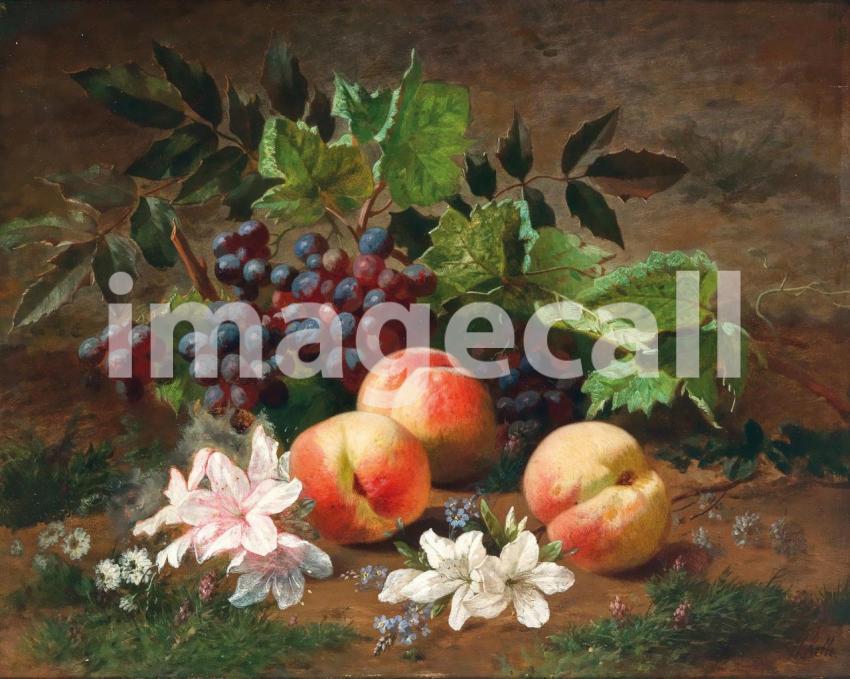 A Forest Still Life with Peach and Grapes