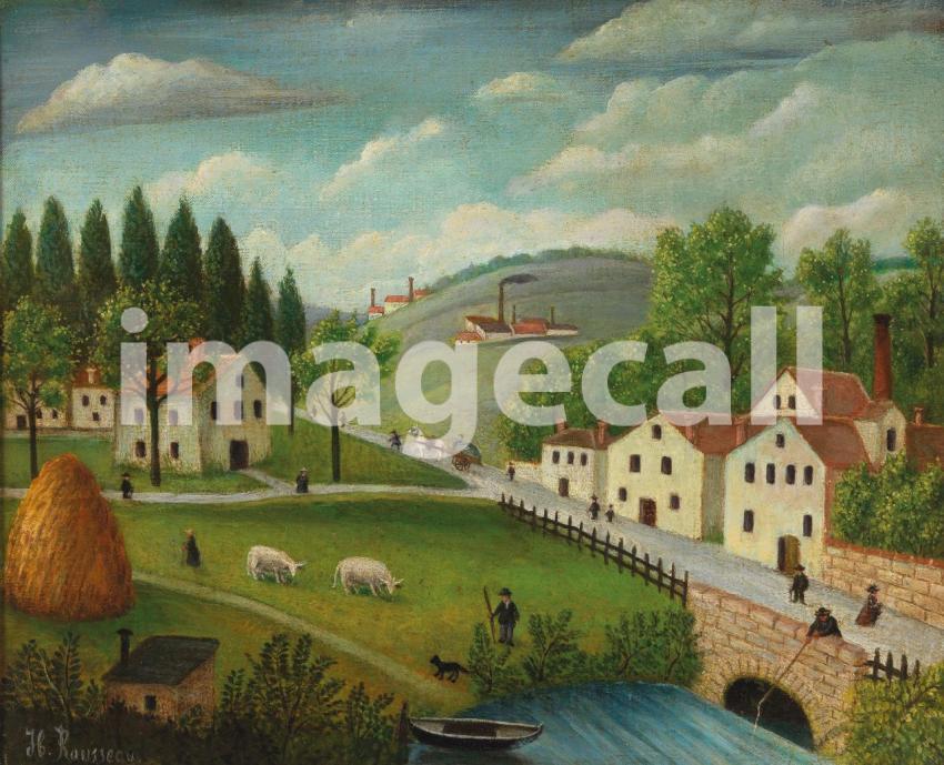 Pastoral landscape with stream, fisherman and strollers (c  1875–1880)