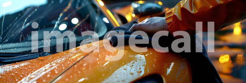 Man hand holding microfiber cloth polishing car background - Ai Generated