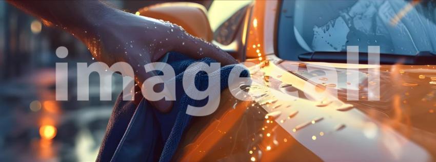 Man hand holding microfiber cloth polishing car background - Ai Generated