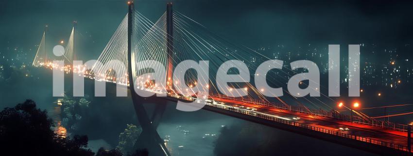 Night Cityscape Futuristic Bridge and Illuminated Skyline  Panor