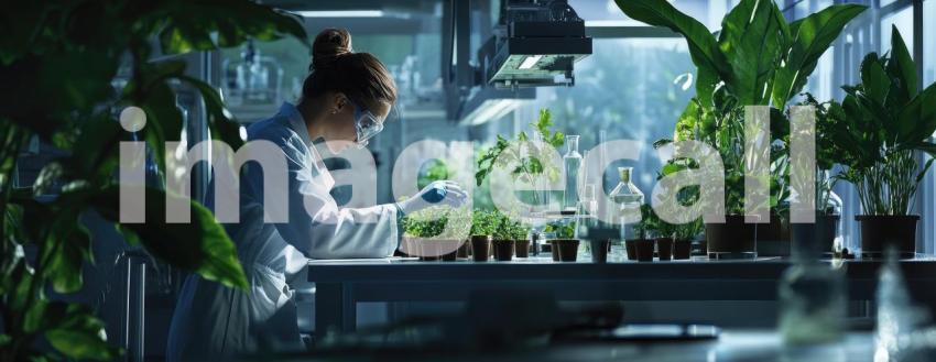 Scientist Examining Plants in Laboratory Background, Researcher Studying Greenery in a Modern, High-Tech Lab Setting