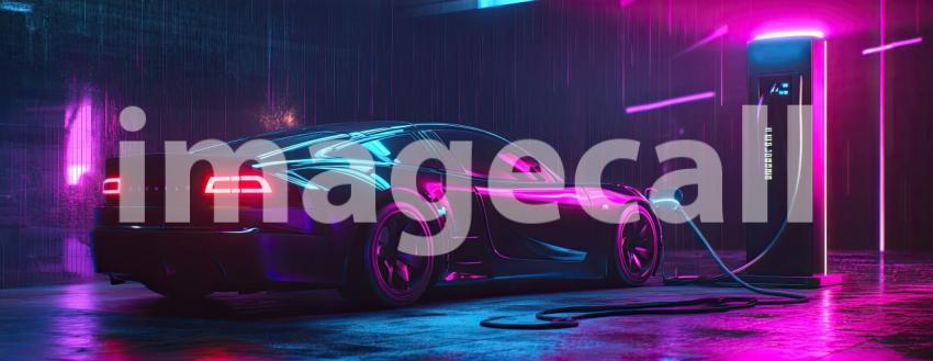 Neon Nights: A Sleek Electric Car Glows Under a Vibrant Canopy of Neon Lights, Plugged into a Charging Station, Ready for the City Electrifying After-Dark Adventures