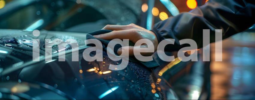 Man hand holding microfiber cloth polishing car background - Ai Generated