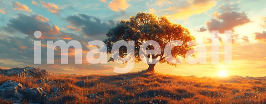 Majestic Sunset Lone Tree in Golden Field  Serene Nature Photogr