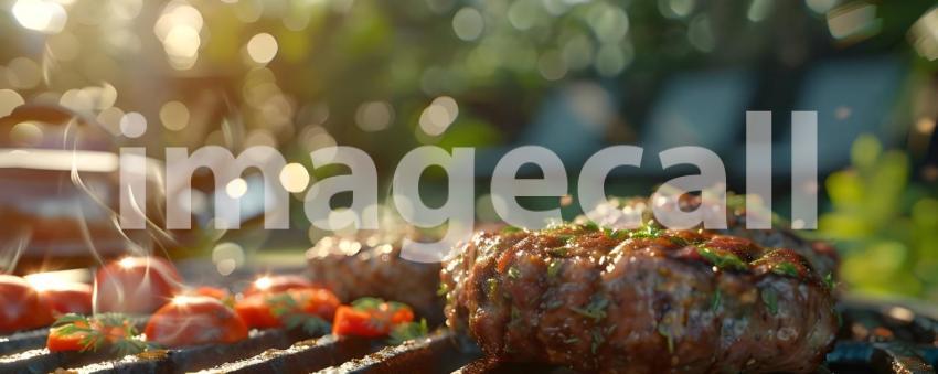 Barbecue Photography: A Close-Up of Skewers Grilling on a Hot Grill, Food Photography: A Grilling Scene with Smoke and Flames