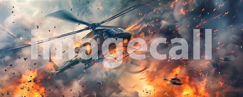 Helicopter Crash with Burning Wreckage Background, Fiery Helicop