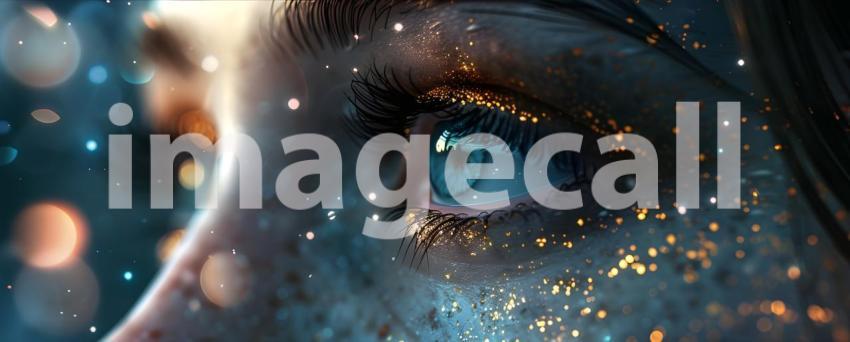 Closeup of Eye with Bokeh light, shimmering blur spot lights - A