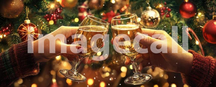 Festive Toast: Clinking Wine Glasses with Sparkling Beverage and Holiday Lights