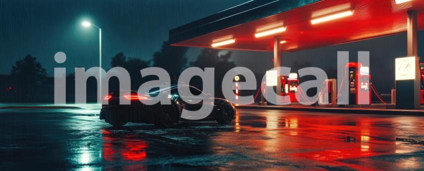 Fuel Nozzle Inserted into Car at Gas Station at Night Background, Nighttime Scene with Illuminated Gas Pump and Car at the Station
