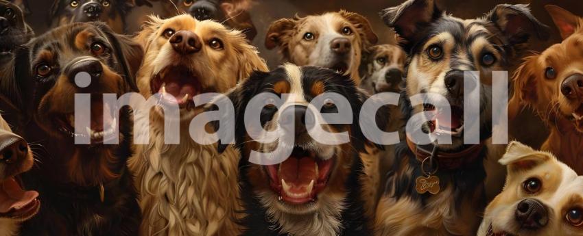 Dogs of different breeds happily gathered together and looking a