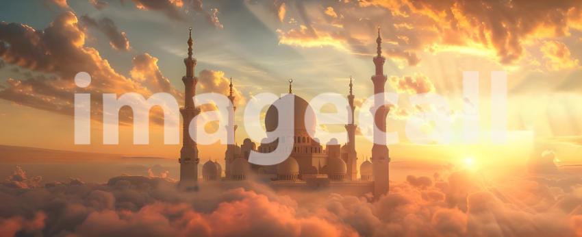 Mosque on the clouds in the sunset, Beautiful mosque in the clouds - Ai Generated