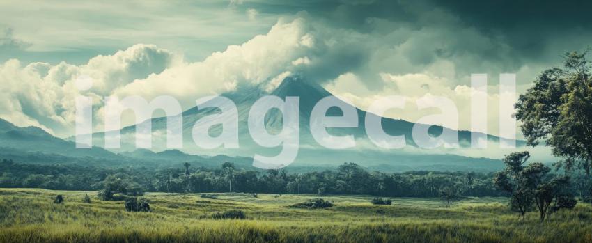 Volcano's Fury: A majestic volcano erupts against a fiery sunset, casting a dramatic glow over the surrounding desert landscape