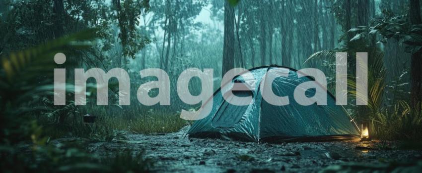 Rainy Forest Camp: Yellow Tent in Downpour, Dark Trees and Wet Ground, a Solitary Shelter in Nature's Stormy Embrace.