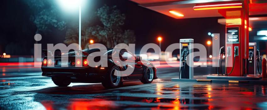 Fuel Nozzle Inserted into Car at Gas Station at Night Background, Nighttime Scene with Illuminated Gas Pump and Car at the Station