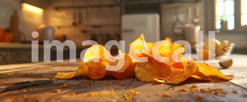 Crispy potato chips in Kitchen background - Ai Generated