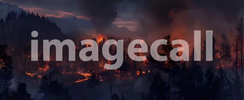 Burning village in the evening burning forest background - Ai Generated