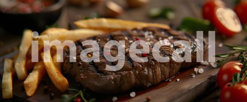 A Sizzling Steak Dinner Fit for a King, A Juicy Steak with Crispy Fries and Fresh Herbs