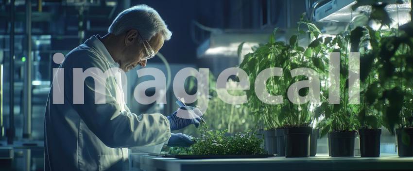 Scientist Examining Plants in Laboratory Background, Researcher Studying Greenery in a Modern, High-Tech Lab Setting