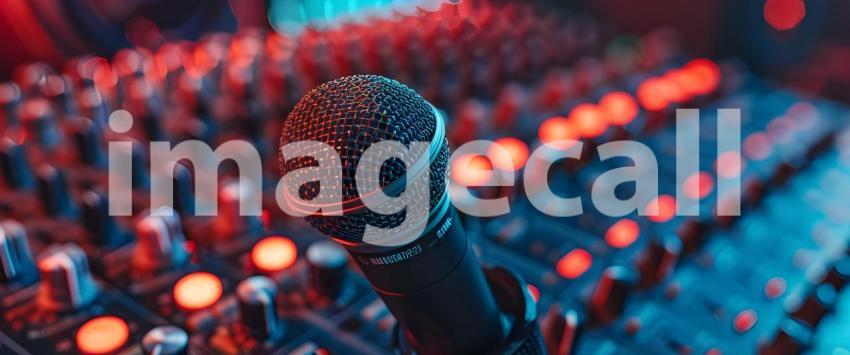 Professional studio microphone with musician blurred background