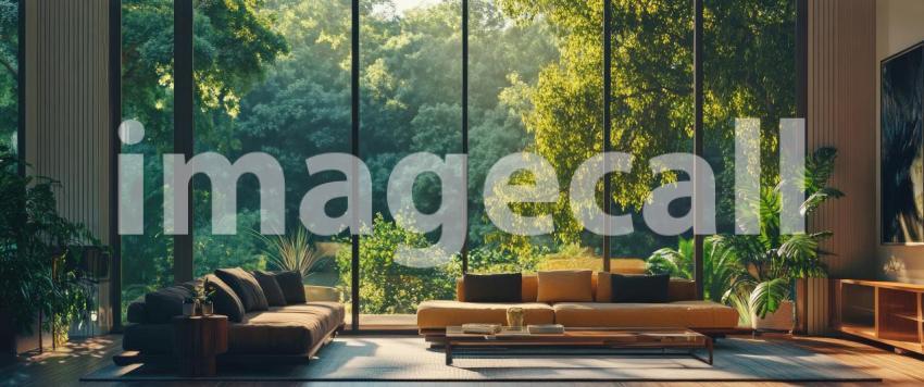 Nature's Embrace: A living room bathed in natural light, with floor-to-ceiling windows framing a breathtaking view of a lush green forest