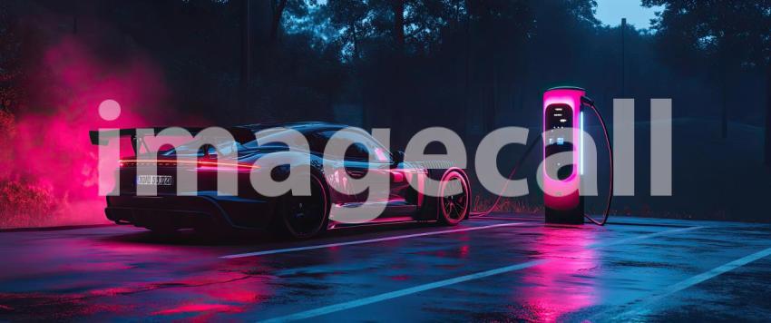 Neon Nights: A Sleek Electric Car Glows Under a Vibrant Canopy of Neon Lights, Plugged into a Charging Station, Ready for the City Electrifying After-Dark Adventures