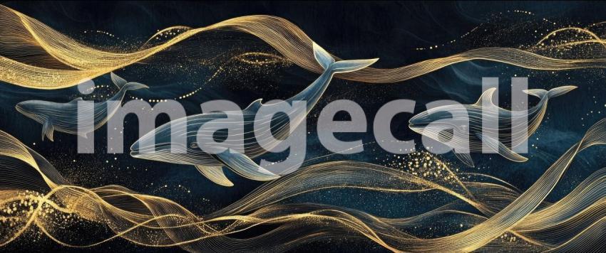 Two Whales Swimming in Abstract Dark Blue Sea with Gold Lines and Glittering Accents