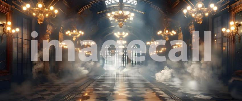 Grand Marble Hall: Luxurious Palace Ballroom with Sunlit Chandeliers and Ornate Decor