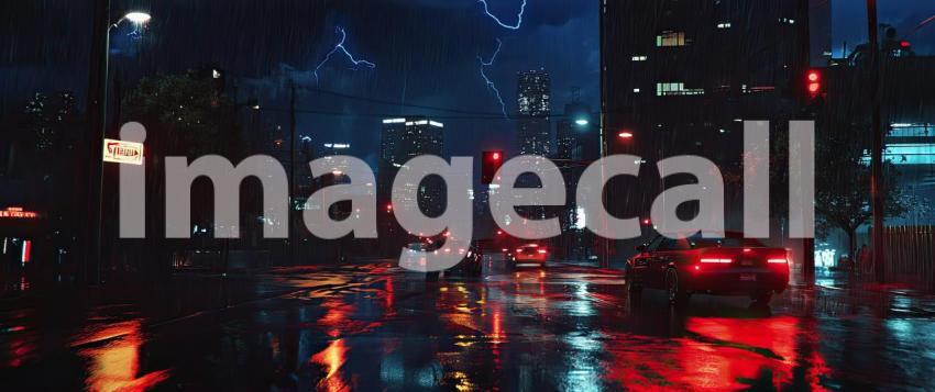 Neon Reflections: A Rainy Night in the City, where neon lights cast a vibrant glow on the slick pavement, and the rhythm of the falling rain echoes through the bustling streets