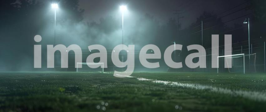 Nighttime Soccer: A Foggy Field Bathed in the Glow of Floodlights