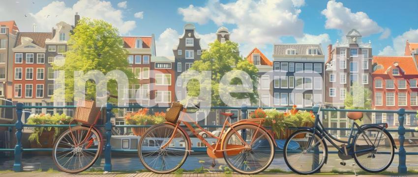 Amsterdam canals with bicycles and colorful houses background - Ai Generated