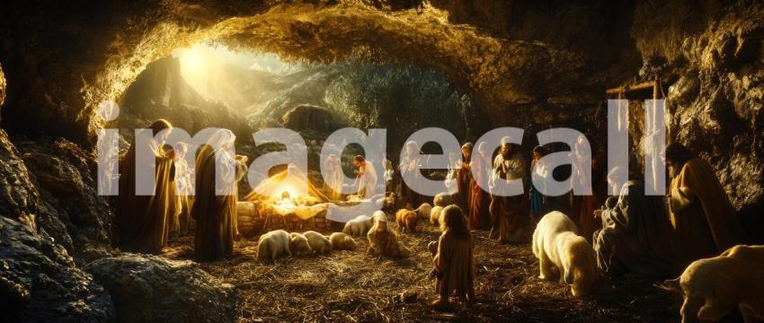 Sacred Nativity Scene in Illuminated Cave