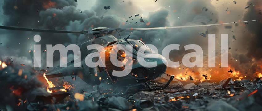 Helicopter Crash with Burning Wreckage Background, Fiery Helicop