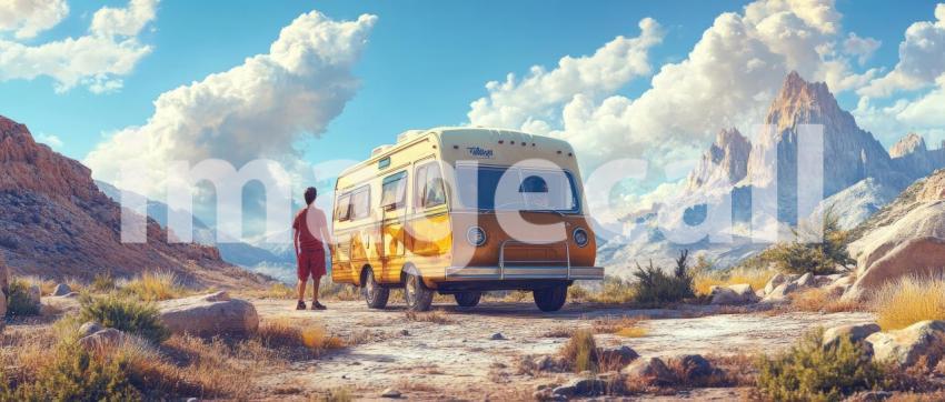 Traveler in Red Outfit Next to Vintage Camper Van Amidst Dramatic Mountain Scenery