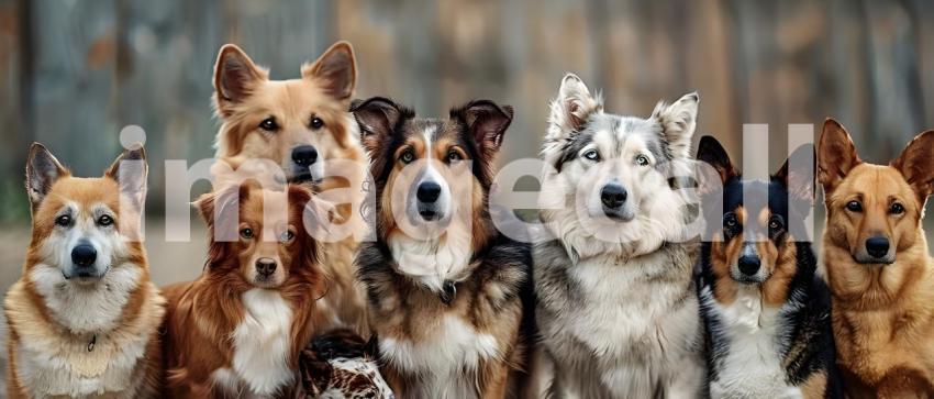Dogs of different breeds happily gathered together and looking a