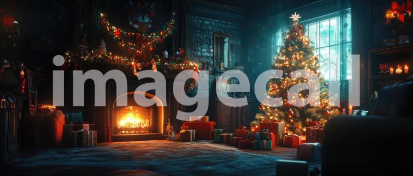 A Magical Christmas Eve: A Cozy Fireplace Blazes Brightly, Casting a Warm Glow on a Room Adorned with a Sparkling Tree and Wrapped Gift