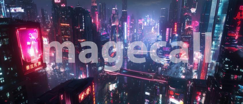 Cyberpunk City at Night with Neon Lights - Futuristic Urban Glow Background Design