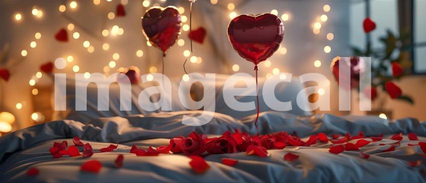 Romantic Valentine's Day background with hearts and candles on the bed - Ai Generated