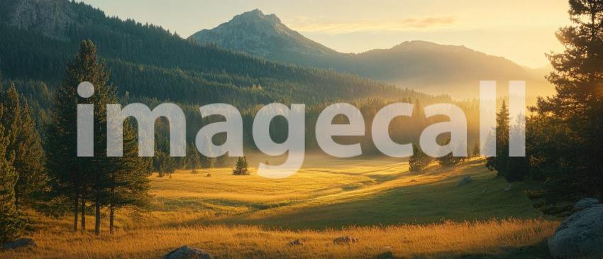 Golden Hour Panorama of Rolling Hills and Mountain Ranges Bathed in Warm Sunlight