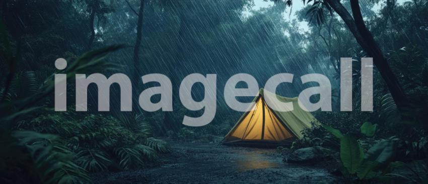 Rainy Forest Camp: Yellow Tent in Downpour, Dark Trees and Wet Ground, a Solitary Shelter in Nature's Stormy Embrace.