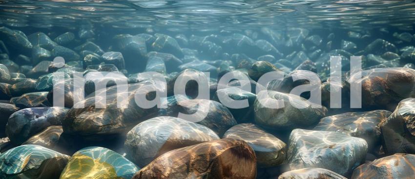 Sun-Dappled Riverbed: A Mosaic of Smooth Stones Glistening Under the Water's Surface