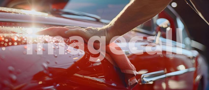 Man hand holding microfiber cloth polishing car background - Ai Generated