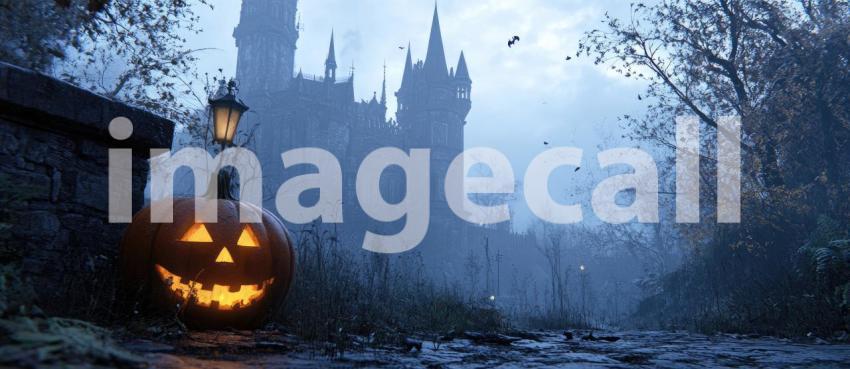 A Jack-o'-Lantern Glows Eerily in the Foreground of a Spooky Halloween Scene, with a Foggy Castle Looming in the Distance