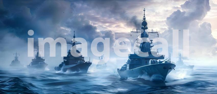 Naval Fleet in Sunset Ocean Background, Military Warships on Sea