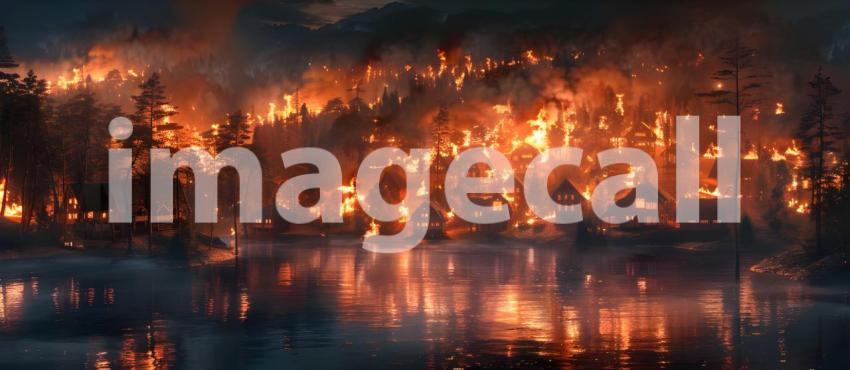 Burning village in the evening burning forest background - Ai Generated