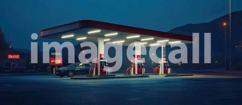 Fuel Nozzle Inserted into Car at Gas Station at Night Background, Nighttime Scene with Illuminated Gas Pump and Car at the Station