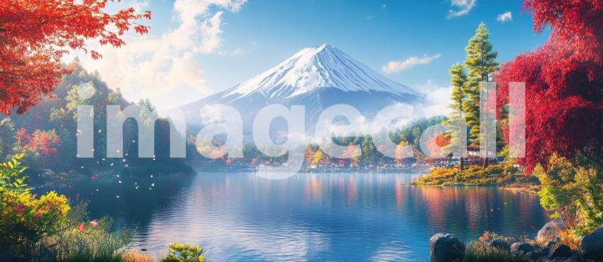 A picturesque landscape featuring a serene lake reflecting a vibrant mountain range, adorned with trees in full bloom of spring, summer, and autumn