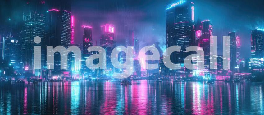 Cyberpunk Cityscape with Neon Reflections - Futuristic Urban Night Background Design