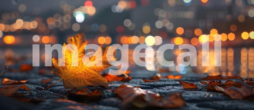 Autumn leaves on the background of the city at sunset, Autumn background - Ai generated