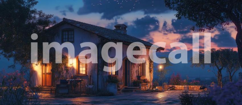 Tuscan Twilight: A charming villa, bathed in the warm glow of a setting sun, sits perched amidst a picturesque landscape, offering breathtaking views of distant mountains and a sky ablaze with color